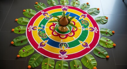 Colorful rangoli design with coconut and banana leaves