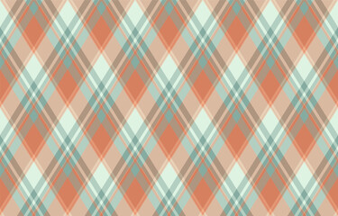Elegant diagonal plaid pattern in muted coral, beige, and mint green.  Perfect for textile design, fashion, or website backgrounds.