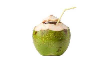 Fresh young coconut drink with straw isolated on transparent background