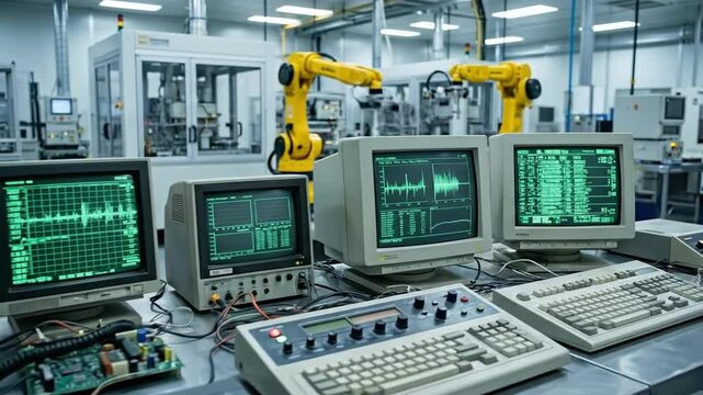 High-tech lab sequence with yellow robotic arms and multiple computer monitors displaying green data waveforms. AI automation control in industrial setting for network management. video footage video