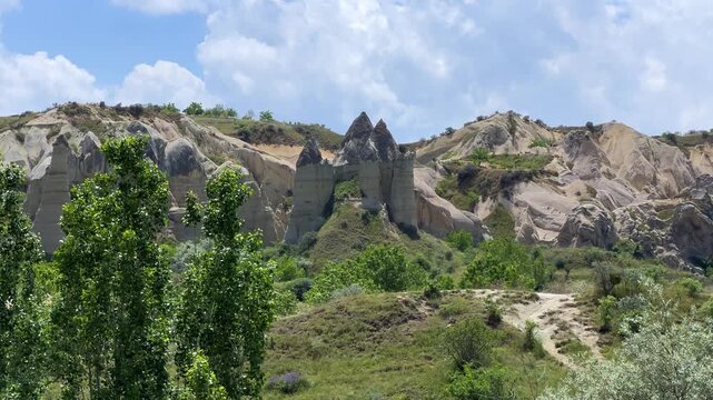 The Valley of Love in Goreme National Park. Unique rocks of various shapes. Sandstone cliffs. The wonders of Cappadocia are rock formations. The unusual shapes of the rocks are the property of Turkey.