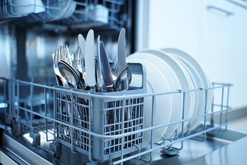 Dishwasher rack with clean cutlery and plates