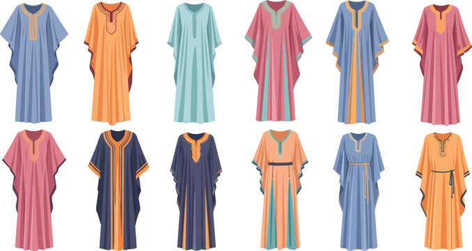 Colorful Traditional Caftans in Bright Colors Displayed in a Row
