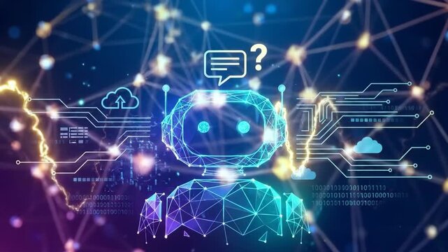 AI assistant processes network query in digital cloud. Robot head with speech bubble scans data waves. Futuristic iot and big data management concept. video footage video footage