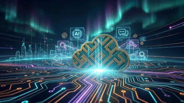 Animated evolution of cloud network with AI elements. Futuristic digital infrastructure connecting cityscape and data streams. Visualization for quantum networks cloud computing and internet of