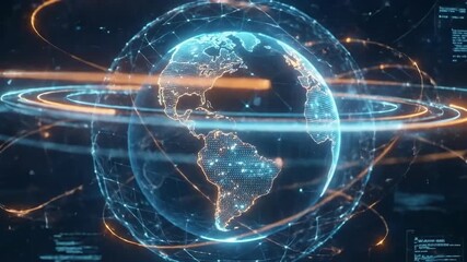Holographic earth rotating with digital rings and glowing data points. Animated global network visualization concept for quantum networks cloud computing and AI big data management in internet of - Powered by Adobe