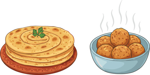 Indian food, chapati, roti, pakora, kofta, flatbread, fried snack, traditional cuisine, hot meal, steam rising, cilantro garnish, authentic taste