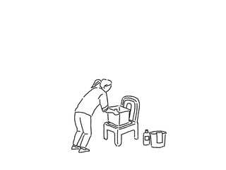 ポータブルトイレのバケツを取り出す看護師、介護士、ヘルパーの女性の後ろ姿、線画