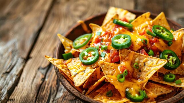 Freshly made nachos topped with melted cheese, jalapenos, and green onions in wooden bowl