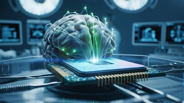 Brain and processor with glowing connections, technology for neuroscience and bioengineering in surgery lab