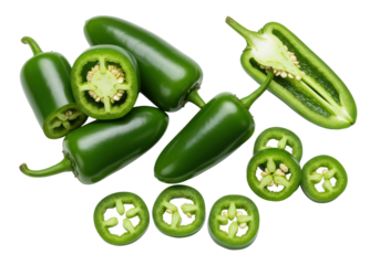 Vibrant green jalapeño peppers: whole, sliced, and halved, revealing white pith and seeds, artfully arranged on a transparent studio background. Concept of fresh spicy ingredients