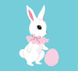 Cute Easter white bunny, pink clothes, rose bow, dots pattern egg. Spring collection. Sticker design. Set of Easter themed images including easter egg, pretty rabbit. Happy Easter. Greeting cards