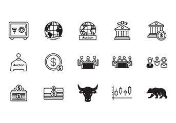 Bank and finance icon set. Business and corporation vector signs. Contain symbol of safe, global market, auction, crowd funding, start up, meeting, stock, bull and bear.