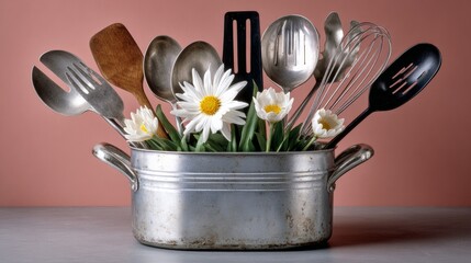 Kitchen utensils arranged creatively in a vintage pot filled with fresh daisies, showcasing a unique blend of culinary tools and floral elements for a charming home decor concept