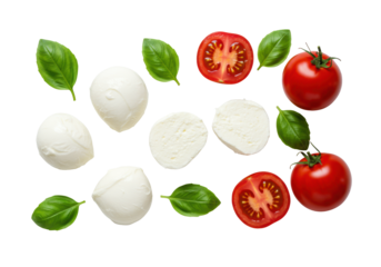 Photorealistic flat lay of fresh Italian mozzarella balls, vibrant plum tomatoes with stems, and emerald basil leaves on white background with copy space, authentic Italian food concept