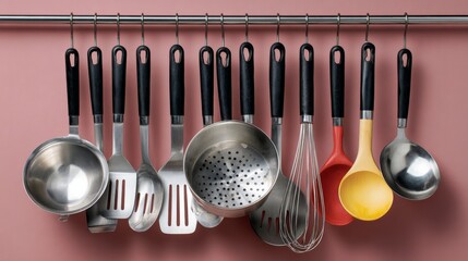 Kitchen utensils hanging on a metal rack against a pink background, showcasing a variety of tools including ladles, spatulas, and whisks, ideal for culinary enthusiasts and home cooks