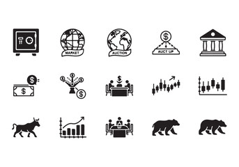 Bank and finance icon set. Business and corporation vector signs. Contain symbol of safe, global market, auction, crowd funding, start up, meeting, stock, bull and bear.