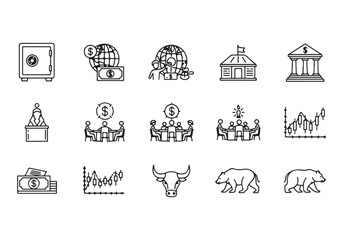 Bank and finance icon set. Business and corporation vector signs. Contain symbol of safe, global market, auction, crowd funding, start up, meeting, stock, bull and bear.