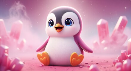 Cute baby penguin sitting near pink crystal rocks. Fantasy landscape and nursery art. Adorable 3D cartoon bird smiling in magical winter setting.