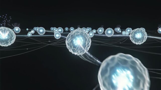 Flow of data packets among translucent glowing spheres connected by network lines, concept of distributed computing and cellular communication