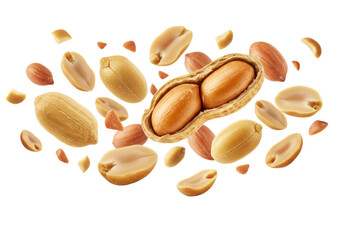 Obraz premium Roasted peanuts, whole, split, broken, golden brown, suspended mid-air against transparent background with negative space, soft shadows, appetizing food marketing concept