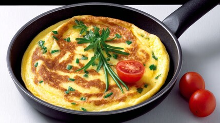 Delicious golden omelette cooked in a black frying pan, garnished with fresh herbs and cherry tomatoes, showcasing culinary artistry and vibrant colors in a kitchen setting
