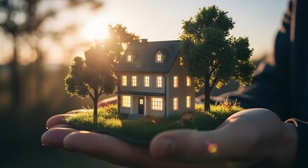 Real estate investment and new home ownership. Family housing and property protection. Hands holding a model house with green trees at sunset.