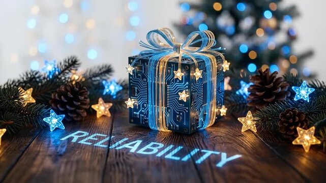 Festive blue gift box with circuit board pattern on wooden table amid Christmas decorations gradually reveals reliability text. Tech reliability concept for quantum networks cloud computing AI data
