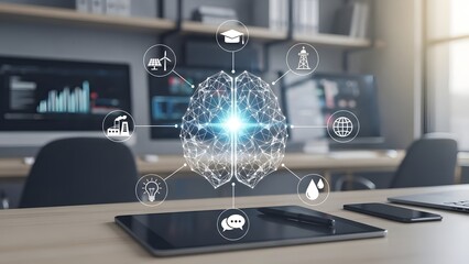 Innovative thinking concept with glowing brain network connecting to industry and global icons.