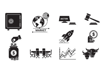 Bank and finance icon set. Business and corporation vector signs. Contain symbol of safe, global market, auction, crowd funding, start up, meeting, stock, bull and bear.
