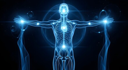 Glowing blue outline of a human body with the skeletal and nervous system visible on a dark background. Holistic health and energy flow concept. Abstract depiction of the body's internal systems