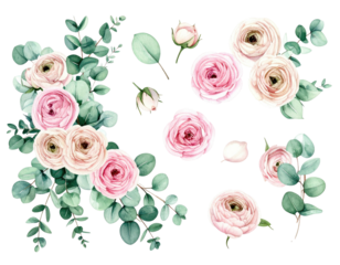Delicate watercolor arrangement of pink roses, buds, and eucalyptus foliage on a black backdrop