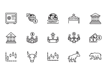 Bank and finance icon set. Business and corporation vector signs. Contain symbol of safe, global market, auction, crowd funding, start up, meeting, stock, bull and bear.