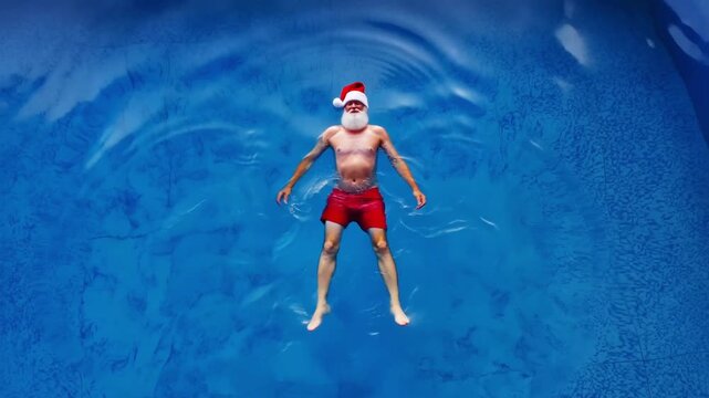 Aerial view of Santa Claus floating peacefully in a resort pool. A serene Christmas holiday video for relaxation and wellness themes.