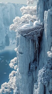 Serene cliffside swan nest overlooking the tranquil waters of a fjord