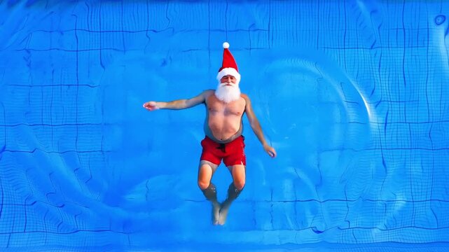 Aerial view of Santa Claus floating peacefully in a resort pool. A serene Christmas holiday video for relaxation and wellness themes.