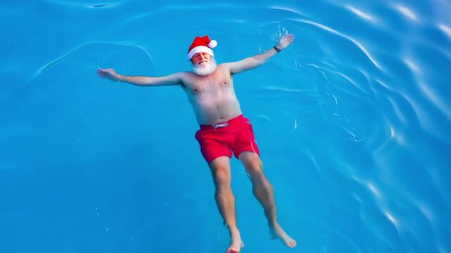 Aerial view of Santa Claus floating peacefully in a resort pool. A serene Christmas holiday video for relaxation and wellness themes.
