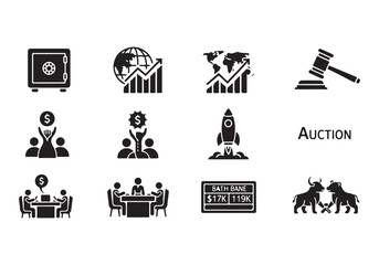 Bank and finance icon set. Business and corporation vector signs. Contain symbol of safe, global market, auction, crowd funding, start up, meeting, stock, bull and bear.
