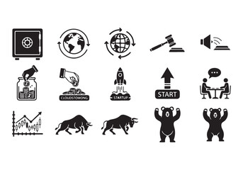 Bank and finance icon set. Business and corporation vector signs. Contain symbol of safe, global market, auction, crowd funding, start up, meeting, stock, bull and bear.