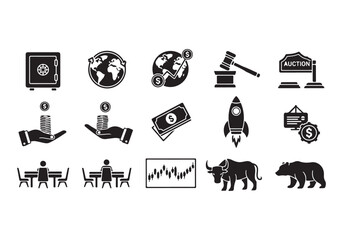 Bank and finance icon set. Business and corporation vector signs. Contain symbol of safe, global market, auction, crowd funding, start up, meeting, stock, bull and bear.