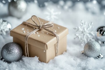 Christmas eco background with craft paper gift box lying on the snow.