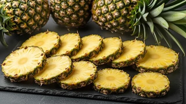 Sliced pineapples arranged on a dark board, showcasing freshness.