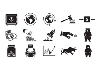 Bank and finance icon set. Business and corporation vector signs. Contain symbol of safe, global market, auction, crowd funding, start up, meeting, stock, bull and bear.
