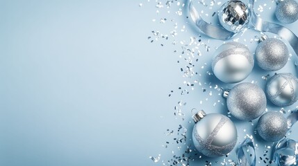 Silver foil 3D Christmas ornaments on soft blue background.