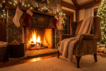 A warm fire burns in a stone fireplace decorated with garlands and stockings, next to a comfortable armchair covered with a knitted blanket in a cozy, rustic living room.