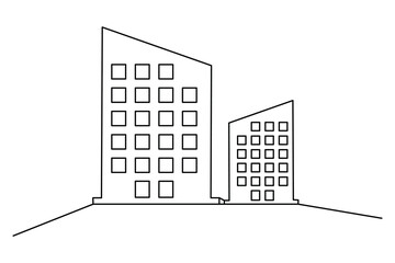 One line drawing of two modern office buildings