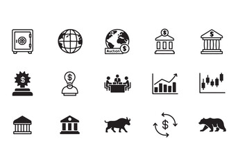 Bank and finance icon set. Business and corporation vector signs. Contain symbol of safe, global market, auction, crowd funding, start up, meeting, stock, bull and bear.