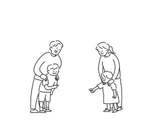 笑顔の家族（指をさす男の子と女の子）、線画