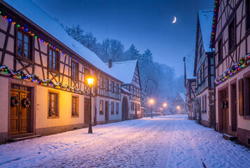 A snow-covered cobblestone street in a historic village is lined with half-timbered houses decorated with colorful Christmas lights and illuminated by warm street lamps under a crescent moon.