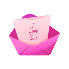 Love letter. Valentine's Day Envelope with Paper and an Inscription "I love you". Love and Romance Concept. Vector Cartoon Illustration.